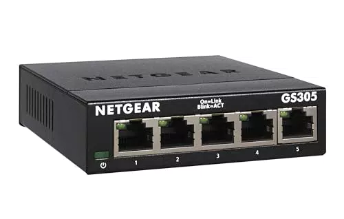 NETGEAR GS305 LAN Switch 5 Port - Gigabit Ethernet Hub, Metallgehäuse - Schwarz