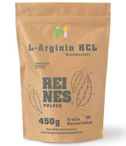 NUPA L - Arginin HCL 450 g - Hochdosiert - Optimale Löslichkeit - Reines Pulver ohne Zusatzstoffe - Vegan - Laborgeprüft - Hochwertige essenzielle Aminosäure L-Arginin