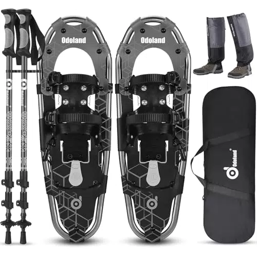 Odoland Schneeschuhe mit Steighilfe Allround 4 IN 1 für Damen und Herren mit Wanderstöcken