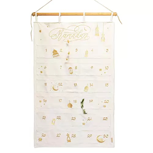 Papierdrachen Ramadankalender 2024 als Wandkalender aus Stoff zum Befüllen - beige & Gold - hochwertig Bestickt - Stoffbeutel - Baumwolle - wiederverwendbar - Set 3