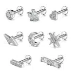 PiercingJak 8er 16Ga Helix Piercings Chirurgenstahl Ohrstecker Labret Tragus Knorpel Ohrringe mit Blitz Krone Herz Mond Stern CZ Ohr Piercing Stecker Stäbe 6mm Punk Schmuck