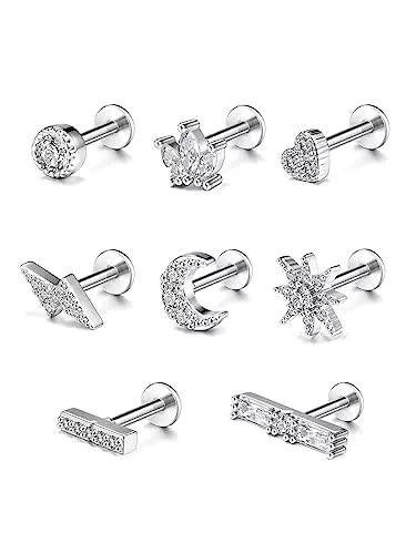 PiercingJak 8er 16Ga Helix Piercings Chirurgenstahl Ohrstecker Labret Tragus Knorpel Ohrringe mit Blitz Krone Herz Mond Stern CZ Ohr Piercing Stecker Stäbe 6mm Punk Schmuck