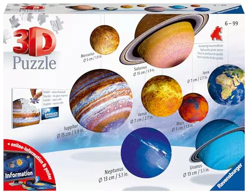 Ravensburger 3D Puzzle Planetensystem 11668 - Planeten als 3D Puzzlebälle - Sonnensystem zum selbst bauen und als Deko - für alle Weltraumfans ab 6 Jahren - mit informativer Online-Broschüre