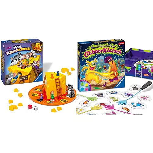 Ravensburger Kinderspiele 24562 - Max Mäuseschreck - Würfel-Laufspiel für 2 bis 4 Spieler ab 4 Jahren & Kinderspiel 21353 - Monsterstarker Glibber-Klatsch - ab 5 Jahren