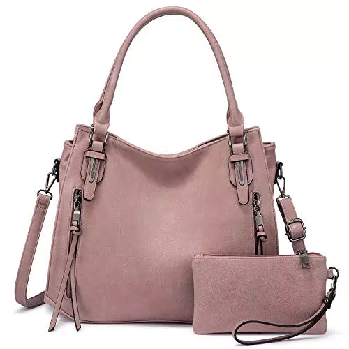 Realer Damen Handtaschen Groß Shopper Lederhandtasche Schultertasche Umhängetasche Geldbörse Hobo Damen Taschen Set 2pcs Rosa