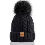 Damen Winter Bommel Beanie Mütze mit warmem Fleece-Futter