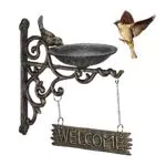 Relaxdays Vogeltränke aus Gusseisen mit Welcome-Schild für den Garten - Wetterfest und dekorativ