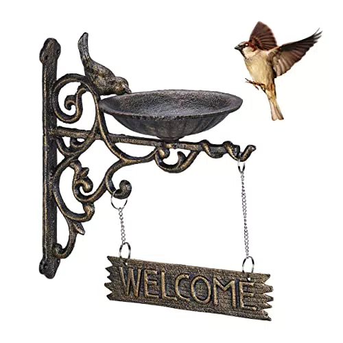 Relaxdays Vogeltränke aus Gusseisen mit Welcome-Schild für den Garten - Wetterfest und dekorativ