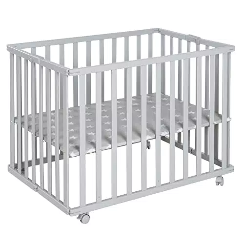 roba Laufgitter klappbar 75 x 100 cm - Platzsparender und faltbarer Baby Laufstall - Mobiles Krabbelgitter inkl. Rollen - 2-fach höhenverstellbar - Holz taupe/grau