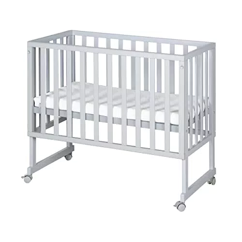roba Stuben- und Beistellbett safe asleep 3 in 1-45 x 90 cm - Höhenverstellbar - Komplettes Anstellbett mit Matratze + Canvas Barriere - Bett Set für Babys - Holz taupe/grau