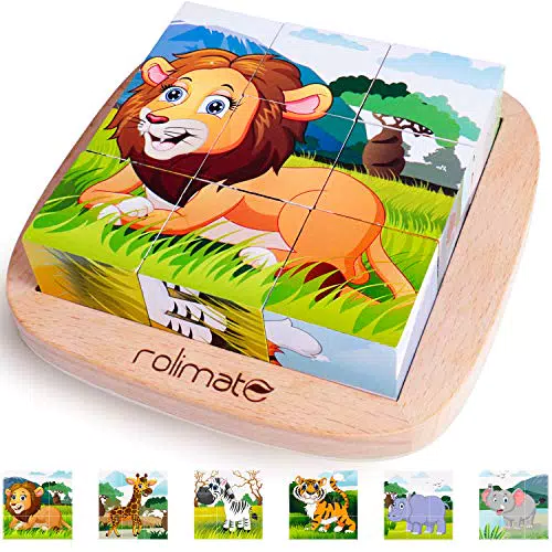 Holzpuzzle 3D Würfelpuzzle Tier-Motive für Kinder ab 2 Jahren - Montessori Lernspielzeug