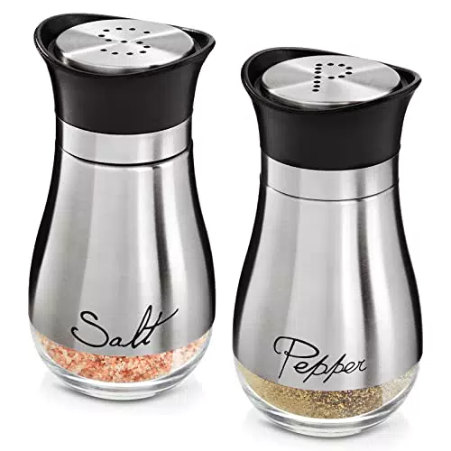 Salz- und Pfefferstreuer-Set aus Glas und Edelstahl - Mit Beschriftung "Salt" und "Pepper"