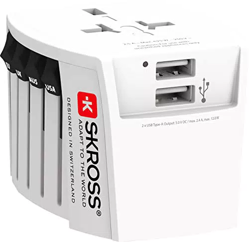 SKROSS Reiseadapter mit 2 USB-Ladebuchsen - Universal Reisestecker mit Anti-Stromschlagschutz