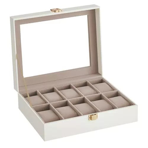 SONGMICS Uhrenbox mit 10 Fächern, Uhrenkasten, Glasdeckel