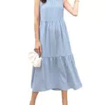 Strandkleid Damen Elegant Rundhals Kleid Ärmellos Kleid Retro Freizeitkleid Kleid Casual Maxi Kleid Kleid