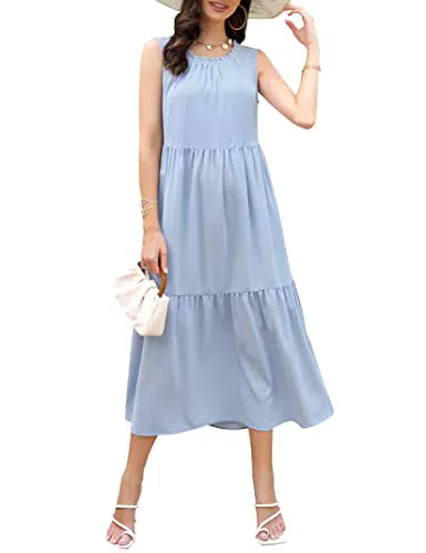 Strandkleid Damen Elegant Rundhals Kleid Ärmellos Kleid Retro Freizeitkleid Kleid Casual Maxi Kleid Kleid