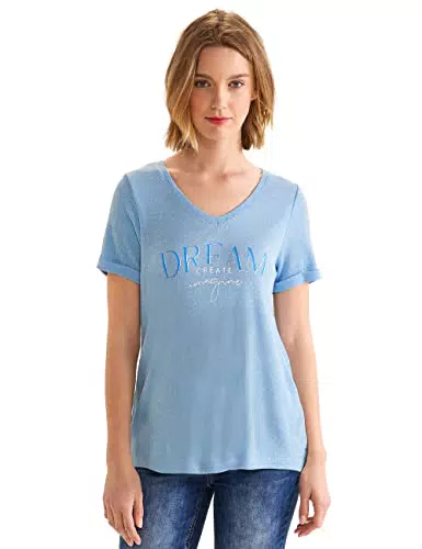 STREET ONE Damen Shiny V-Neck W.Wording Kurzarmshirt