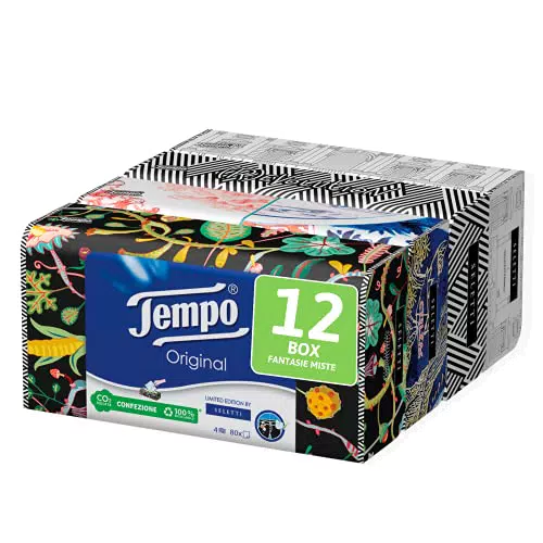 Tempo Taschentücher Box - 4-lagig - 12 Packungen mit 80 Taschentüchern in 4 verschiedenen Grafiken