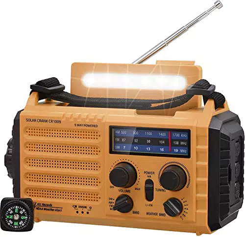 Tragbares Solar-Notfallradio mit Kurbel und Dynamo, Wetter-AM/FM/SW-Radio, wiederaufladbare Powerbank, USB-Handyladegerät, LED-Taschenlampe und Leselampe, SOS-Alarm und Kompass für Camping und Outdoor-Einsatz.