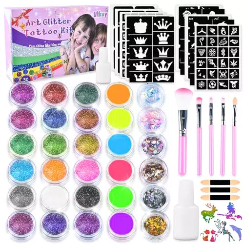 Ulikey Kinder Glitzer Tattoo Set - Temporäre Glitzertattoos für Mädchen - 138 Schablonen, 4 Pinsel, 2 Kleber - Ideal für Geburtstagspartys!