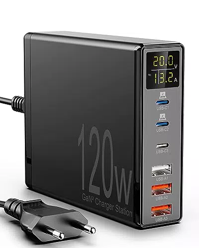 USB C Ladegerät, Binamao 120W 6-Port Mehrfach Adapter mit USB-C und USB-A