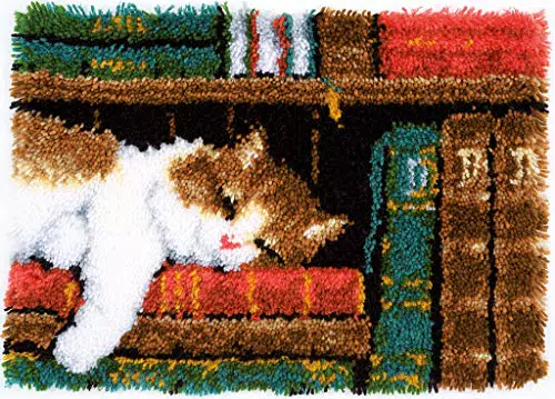 Vervaco Katze im Bücherregal Knüpfteppich, Stramin