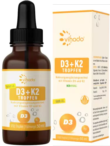 Vihado Vitamin D3 K2 Tropfen hochdosiert für Immunsystem und Knochen - 50 ml