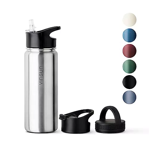 Vinsun Edelstahl Trinkflasche - Auslaufsicher & Kohlensäure geeignet - BPA frei - 3 Deckel - Thermosflasche für Sport, Outdoor, Schule, Uni, Fahrrad, Büro, Gym.
