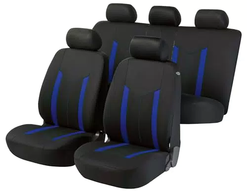Walser Auto Sitzbezug Hastings mit Reißverschluss - Zipp-IT Schonbezüge für Auto - Komplettset für 2 Vordersitze und 1 Rücksitz - Schwarz/Blau
