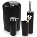 WENKO Calvo Badezimmer Zubehör Set 4-teilig Seifenspender Zahnputzbecher WC-Bürste Toilettenbürste WC-Garnitur Kosmetikeimer Badgarnitur Weiß