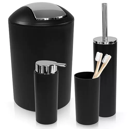 WENKO Calvo Badezimmer Zubehör Set 4-teilig Seifenspender Zahnputzbecher WC-Bürste Toilettenbürste WC-Garnitur Kosmetikeimer Badgarnitur Weiß