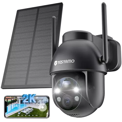 YESYAMO 2K Überwachungskamera für den Außenbereich mit Akku und WLAN, Farbnachtsicht, Bewegungsmelder - IP66, Cloud/SD, 2-Wege-Audio.