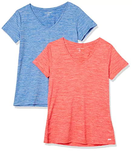 Amazon Essentials Damen Tech-Stretch-T-Shirt mit V-Ausschnitt, 2er-Pack