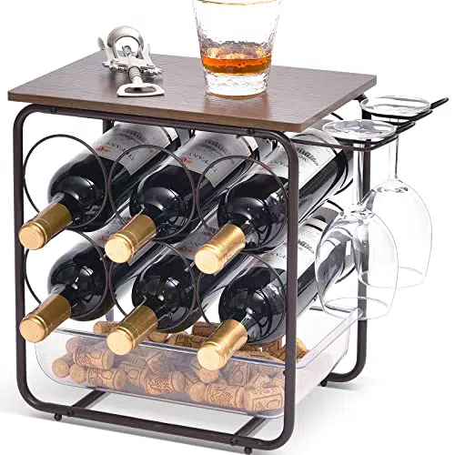 Weinregal mit Glashalter aus Holz für 6 Flaschen - Ideal für Küche, Esszimmer und Bar.