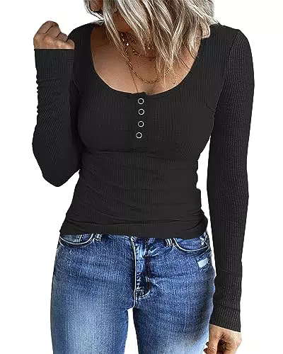 "Auselily Damen Langarmshirt Henley Shirt Rundhalsausschnitt"