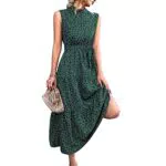 Sommerkleid mit hohem Taillenbund und Stehkragen - Ärmelloses Polka Dot Midi Partykleid mit Gürtel