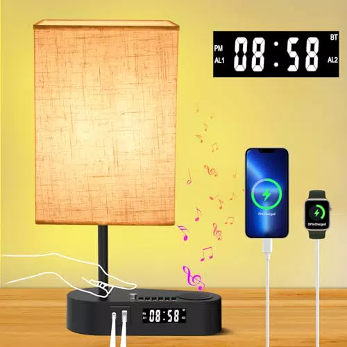 Nachttischlampe mit Wecker und Bluetooth Lautsprecher - Multifunktionale Tischleuchte 6W 2700k - AVANLO