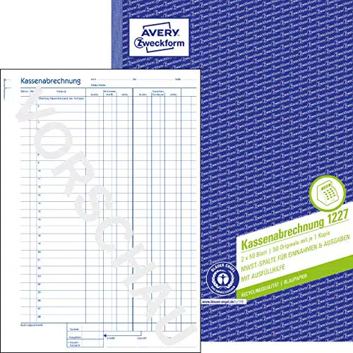 AVERY Zweckform 1227 Recycling Kassenabrechnung A4 - 2x50 Blatt - Blaupapier - MwSt.-Spalte - Rechtsexperten geprüft - DE/AT - Buchführung