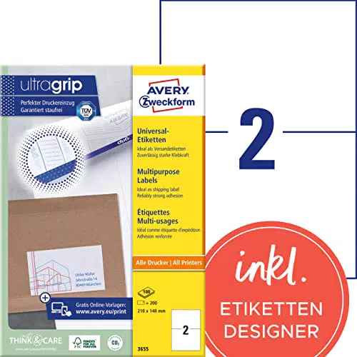 AVERY Zweckform Universal Etiketten - Bedruckbare Versandetiketten mit ultragrip