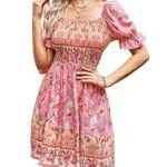 BebreezChic Sommerkleid Damen Boho Blumen Kurzarm Hohe Taille Strandkleid