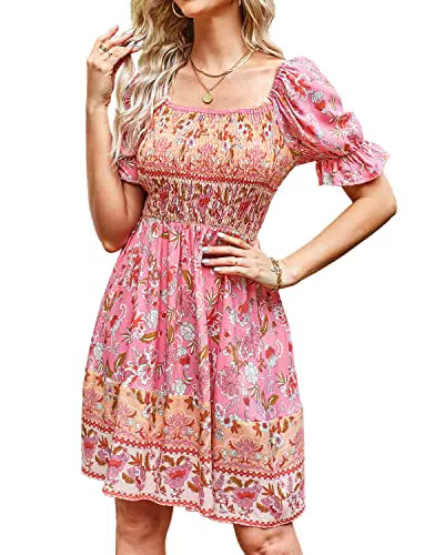 BebreezChic Sommerkleid Damen Boho Blumen Kurzarm Hohe Taille Strandkleid