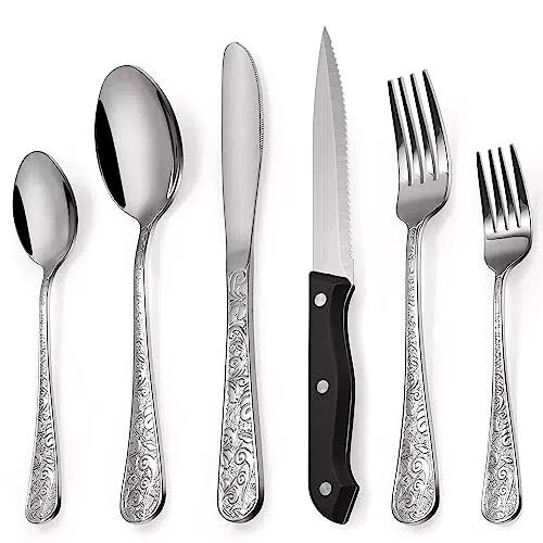 Besteckset aus Edelstahl mit Steakmessern und Blumenmustergriffen