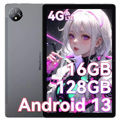Blackview 10 Zoll Gaming Tablet mit Android, 4G LTE, 5G WiFi, 16 GB RAM, 128 GB ROM, 7680mAh Akku, 13MP+8MP Kameras, Telefonanruf-Funktion, Widevine L1, GPS und Face ID.