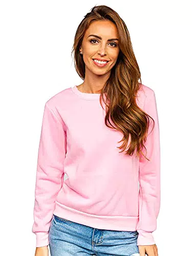 Damen Sweatshirt Pullover von BOLF Basic Langarmshirt Baumwollmischung Rundhals-Ausschnitt Sweater - Rosa