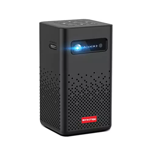 BYINTEK P20 Mini DLP 3D Beamer mit HD-LED, WLAN, 1080P 4K, Android 9.0, drahtloses Display, Tragetasche und Stativ.