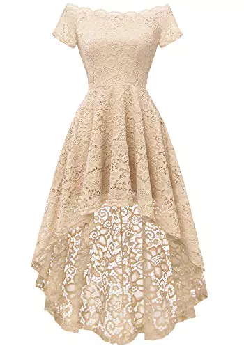 Dressystar Damen Elegant Spitzenkleider Vokuhila Schulterfrei Ballkleid Abendkleid Hochzeit Cocktailkleider Blush L