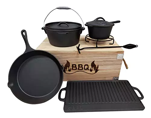Gusseisen Dutch Oven Set | Premium-Qualität mit Holzbox | Dutch Oven, Untersetzer, Deckelheber, Grillplatte, Stieltopf, Bratpfanne