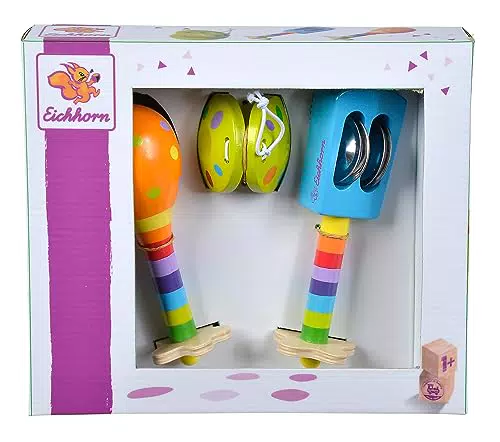 Eichhorn Musik Set mit Rassel, Maracas und Kastagnette - Holz Musikinstrumente ab 1 Jahr