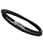 Flongo Leder Armband, Edelstahl Echtleder Armband Armreif Lederarmband Manschette Schwarz Silber Geflochten Surfer Wickelarmband Magnet Schließe Verschluss Herrenarmband Damenarmband