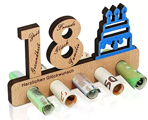 Geschenkota - Holz Geldgeschenk zum 18. Geburtstag - Originelles Holz-Schild Gästebuch